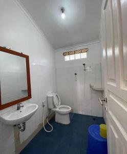 a bathroom with a sink and a toilet and a mirror at Homestay villa Ujang ujung genteng in Ujunggenteng