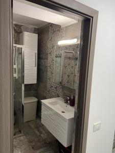 a bathroom with a white sink and a toilet at Central Luxury Apartament in Tulcea +15 photos