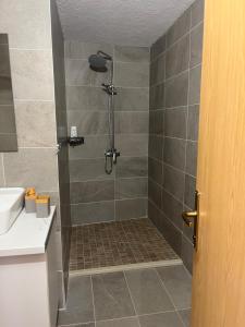 un baño con ducha y lavabo en Apartmani Matković, en Žuljana 40 fotos más