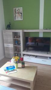 a living room with a tv and a coffee table at Taurasteinblick in Burgstaedt