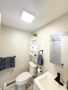 a bathroom with a white toilet and a sink at Town & Country Andover, NJ Area- Studio Unit in Newton +7 photos