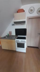 a kitchen with a white stove and a sink at Taurasteinblick in Burgstaedt