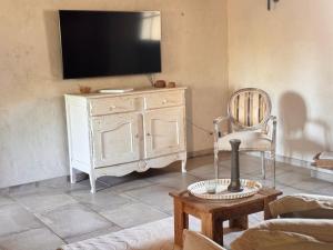 a living room with a tv and a chair at LE DOMAINE D'AMBRE La maison des Vendangeurs in Gallician