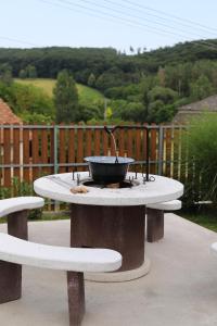 a fire pit on a table with two benches at Panoráma Vendégház Jásd in Jásd