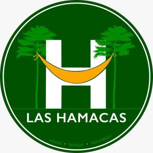 a green logo with a hammock and trees at Zona de Camping Hostal Las Hamacas in Villamaría