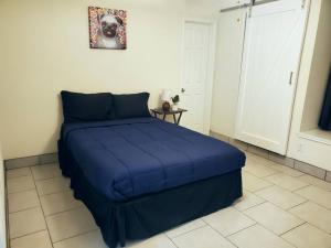 a bedroom with a blue bed in a room at Lovely Room 1 Near San Marcosatx in Kyle