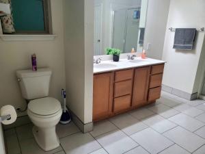 a bathroom with a toilet and a sink with a mirror at Lovely Room 1 Near San Marcosatx in Kyle