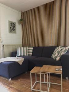 a living room with a blue couch and a table at Het Boshuisje in Nunspeet