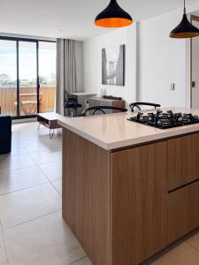 a kitchen with a counter with a stove top at Villa Milá in Salento