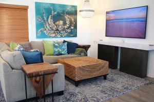 a living room with a couch and a tv at The Pelican Pass in Freeport
