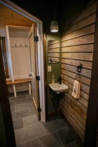 un baño con lavabo y espejo en Placid Moose Loj N, en Lake Placid 19 fotos más