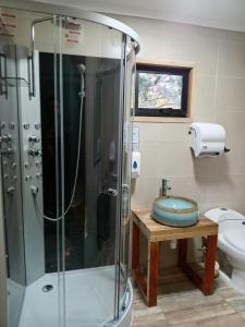 a bathroom with a shower and a toilet at Rukawe Quillon in Quillón