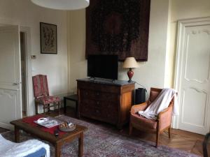 a living room with a tv on a dresser at Appartement charmant au cœur de Vesoul avec parking privé - FR-1-583-509 in Vesoul