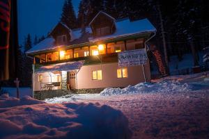 a house with lights on in the snow at night at Cabana Sestina in Salard