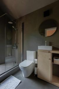 a bathroom with a toilet and a sink and a shower at Getlost cabins in Valanciunai +25 photos