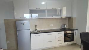 a kitchen with a white refrigerator and a sink at Apartment Veselin in Budva +22 photos