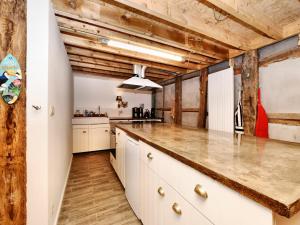 an industrial kitchen with white cabinets and wooden ceilings at Modern Holiday Home in Meyerode with Terrace in Meyerode