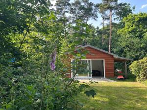 a small house in the middle of a yard at Naturhaus am Weiher in Hülsen