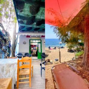 a collage of two pictures of the beach and a restaurant at Cleos House in Trýgonas +14 photos