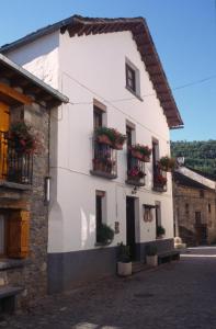 uma casa branca com caixas de flores nas janelas em Casa Rural López Ordesa em Frajén