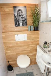 a bathroom with a toilet and a picture of a lion at Ferienglück Rosenheim in Rosenheim