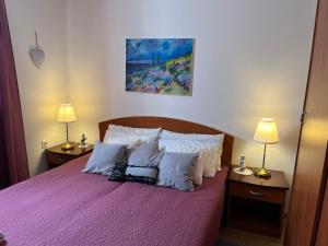 une chambre avec un lit violet avec des oreillers et deux lampes dans l'établissement Apartments Petra, à Biograd na Moru