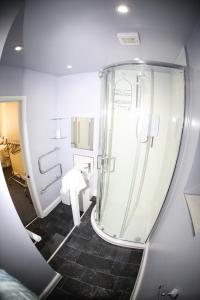 a bathroom with a shower and a toilet at Sandpiper Inn B&B and Pub in Ilfracombe