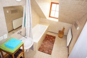 a bathroom with a bath tub and a sink at Apartmá v Rodném domě Vincenze Priessnitze v centru lázní in Jeseník