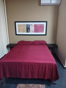 a bedroom with a bed with a red bedspread at Pequeño departamento todo incluido in Mérida