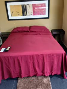 a bed with a pink bedspread on top of it at Pequeño departamento todo incluido in Mérida