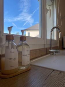 two bottles of soap sitting on a counter next to a sink at Cottage Stelie in Tocqueville-en-Caux +78 photos