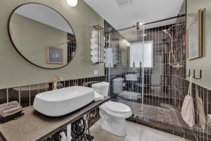 ein Badezimmer mit Waschbecken, Toilette und Spiegel in der Unterkunft Walk to Schlitterbahn with Firepit in New Braunfels + 26 Fotos