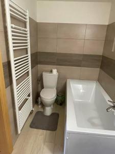 a bathroom with a toilet and a bath tub at Chalúpka pod lesom Zázrivá in Zázrivá +35 photos