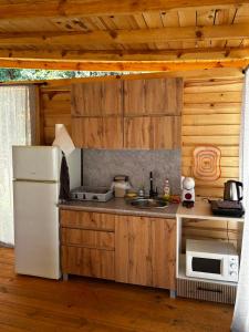 Una cocina con un refrigerador blanco y un fregadero. en Каравана Рубин, en Chernomorets