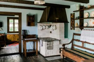 a kitchen with a brick oven in a room at Starodawna Chata - Baba in Zamość