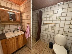ein kleines Badezimmer mit Toilette und Waschbecken in der Unterkunft Small cozy rental unit in Strendur Centre in Strendur