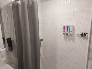 a bathroom with a shower with a shower curtain at Komfort Ilona in Yerevan +29 photos