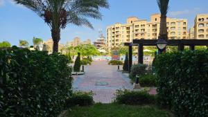a sidewalk with palm trees and buildings in the background at North Coast Aqua View Studio in Alexandria