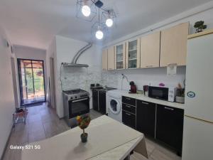a kitchen with a stove and a microwave at Gabi in Târgu Ocna