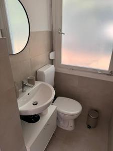 a bathroom with a sink and a toilet and a mirror at Feriendorf Seddiner See - Bungalow 4 in Seddin +6 photos