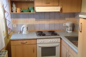 a small kitchen with a stove and a sink at Ferienhaus in Wald- und Seenähe in Templin