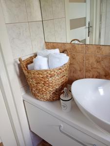 Una cesta de papel higiénico sobre un mostrador junto a un lavabo. en SIELSKO - ANIELSKO Apartamenty 96m2, Kielce, Ogród, Grill, Bezpłatny Parking, en Kielce