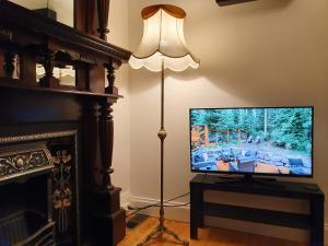 Grandview House Private 2Bed 2Bath Melb Airport في ملبورن: مصباح أرضي وتلفزيون في غرفة المعيشة