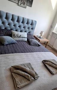 a bedroom with a bed with a blue head board at Ąžuolų giraitėje 2 bedroom apartments in Klaipėda +7 photos