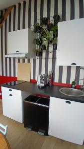 a kitchen with white cabinets and a sink at la bicyclette rouge by les étapes chartraines in Chartres +5 photos