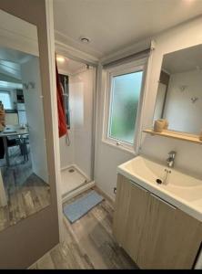 baño con lavabo y ducha con ventana en Mobil home tout confort, en Narbona