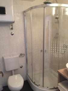 La salle de bains est pourvue d'une douche et de toilettes. dans l'établissement Titius Apartment, à Skradin