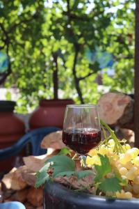 a glass of wine sitting on a table with grapes at Green Villa in Velipojë