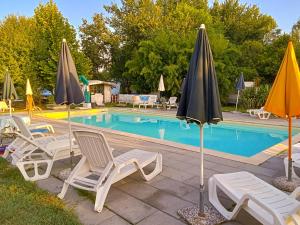 a swimming pool with chairs and umbrellas next to a swimming pool at Agriturismo Orto Arcobaleno in Zelarino