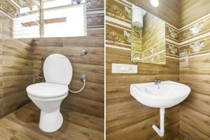 two pictures of a bathroom with a toilet and a sink at Hotel O Porvorim Near Mall De Goa in Goa +36 photos